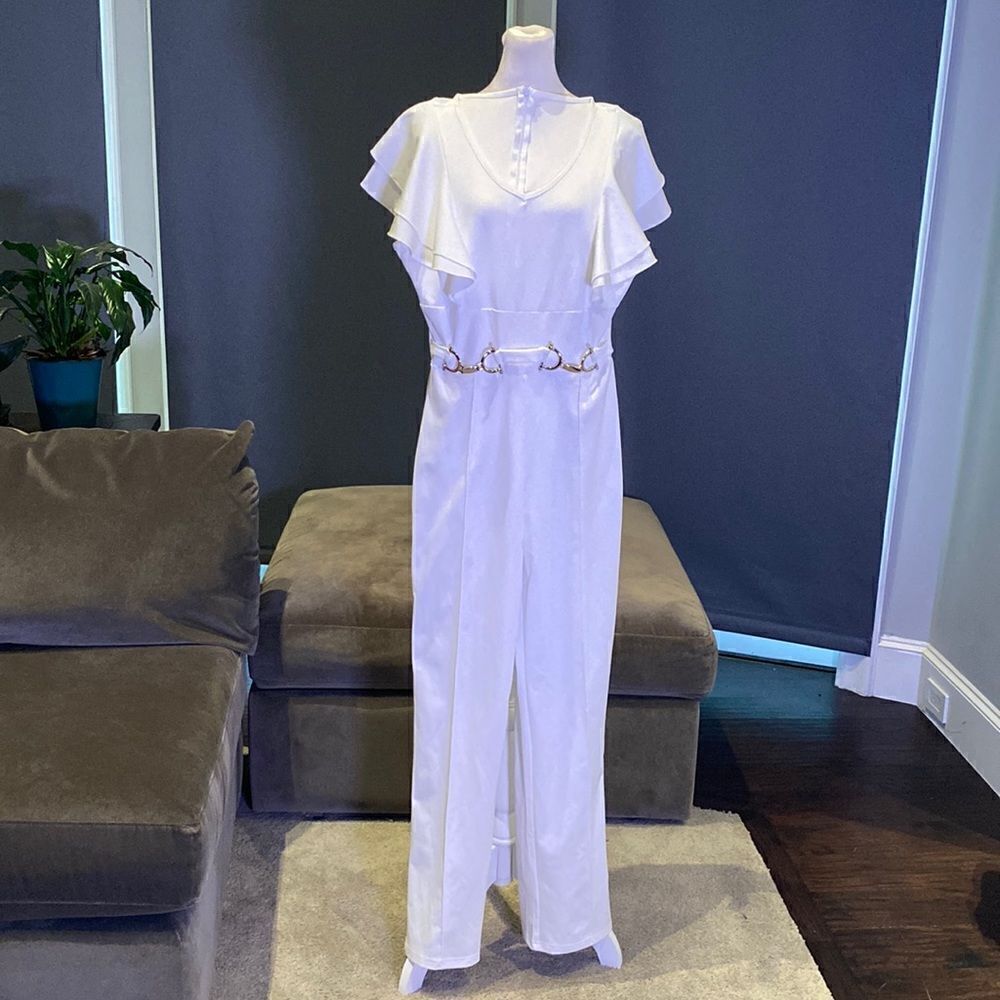 Women’s White Jumpsuit with Ruffles and Silver  Waist Detail Size M **READ